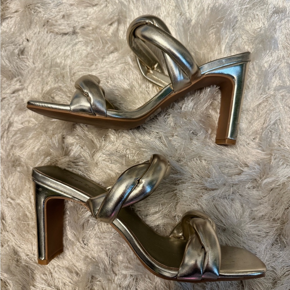 Open Edit Light Gold Braided Strap Heeled Sandal, Size 7